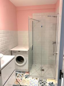 a shower in a bathroom with a washing machine at Xuloss Apartments 2 in Loyola