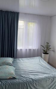 1 cama en un dormitorio con ventana en Гостевой дом KOLSAY ROOM, en Saty