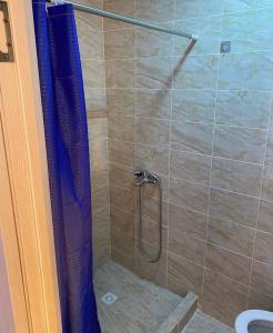 y baño con ducha con cortina azul. en Гостевой дом KOLSAY ROOM en Saty
