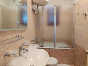 a bathroom with a shower and a sink and a toilet at Palm Garden Apartment in Kastav