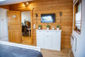 イゼンビュッテルにあるMoorhütteの壁にテレビとベッドが備わる客室です。