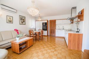 una cucina e un soggiorno con divano e tavolo di Apartments Vila Lena at Aqualuna a Podcetrtek