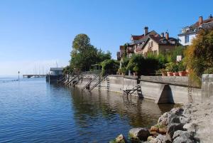 a view of a river with houses and a bridge at Haus der Gemütlichkeit in Konstanz