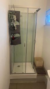 a shower with a glass enclosure in a bathroom at BergOne in Ytri-Njarðvík