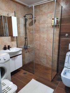 a bathroom with a shower and a toilet and a sink at Džoni in Sarajevo