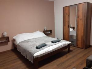 sypialnia z łóżkiem i dużym lustrem w obiekcie Mátrai5Vendégház w mieście Galyatető