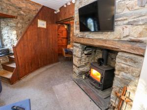 a living room with a stone fireplace and a television at Llwyngwair Lodge in Newport Pembrokeshire
