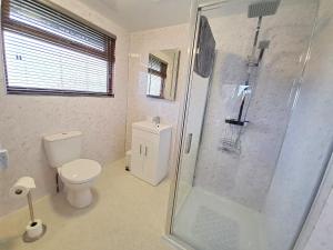 a bathroom with a toilet and a glass shower at River Rest - Norfolk Broads in Brundall +6 photos