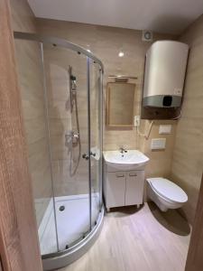 a bathroom with a shower and a sink and a toilet at Noclegi - Pokoje - STEMPO in Skarżysko-Kamienna