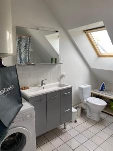 a bathroom with a sink and a washing machine at PANORAMA du LOC in Locmiquélic