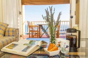 Albatross Guest House في سيمونز تاون: طاولة قهوة مع كتاب و إناء من الزهور