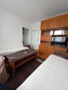 una camera d'albergo con due letti e una TV a schermo piatto di Studio Paun a Podgorica