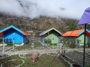 un groupe de maisons colorées sur une montagne dans l'établissement Baspa Valley Adventure Camp, à Saturang