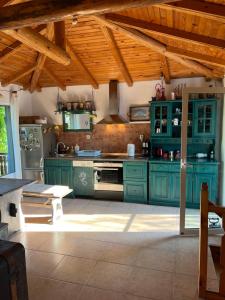 a kitchen with blue cabinets and a stove at Art Provence House in Lozenets +9 photos
