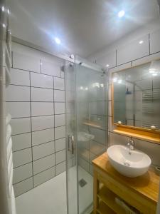 a bathroom with a sink and a glass shower at Le refuge, chalet au pied des pistes au Sauze in Enchastrayes