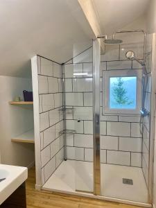 a shower with a glass door in a bathroom at Le refuge, chalet au pied des pistes au Sauze in Enchastrayes