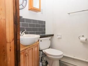a bathroom with a white toilet and a sink at Foxglove Barn in South Brent