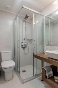 a bathroom with a shower and a toilet and a sink at Stelianas House Ground Floor Apartment with Private Pool in Lygaria