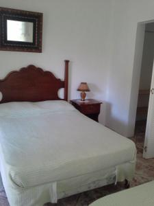 a bedroom with a bed and a table with a lamp at Polish Princess Guest House in Port Antonio
