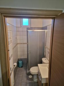 ein kleines Bad mit WC und Waschbecken in der Unterkunft Harry´s Apartment in Lagonisi