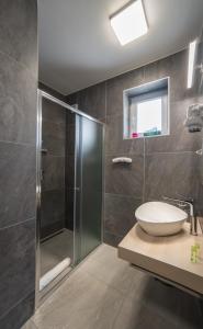 a bathroom with a glass shower and a sink at VULCANO Guesthouse in Vinica