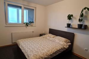 a bedroom with a bed and a window and plants at Apartman Mima in Zagreb