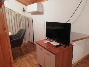 a living room with a television on a wooden cabinet at Green Loft Apartment-Rose in Sliven