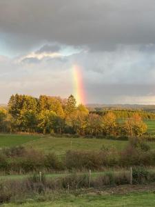 a rainbow in the sky over a field with trees at Pipowagen Monceau-en-Ardenne in Bièvre