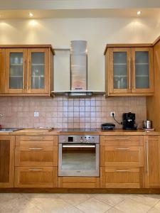 a kitchen with wooden cabinets and a stove top oven at Olive Garden House in Ágios Prokópios +13 photos