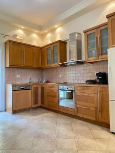 Una cocina con gabinetes de madera y un refrigerador blanco. en Olive Garden House, en Ágios Prokópios