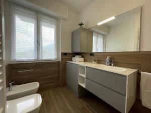 bagno con lavandino, servizi igienici e specchio di Appartamento La Baita Case Sondrio Fiume - Affitti Brevi Italia a Sondrio
