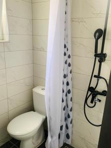 a bathroom with a toilet and a shower curtain at Casa di Angelo in Kos Town