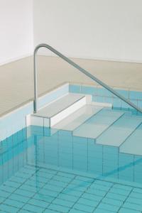 a swimming pool with blue tiles and a metal rail at Berghotel Wiedener Eck in Wieden