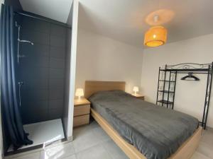 a bedroom with a bed and a shower in it at La perle de provence, appartement neuf en rez de Jardin clos, au calme, clim, salle d'eau dans chaque chambre, à 900m du centre de Nyons in Nyons