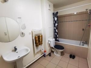 ein Bad mit einem Waschbecken, einem WC und einer Dusche in der Unterkunft Versailles Trip Appartement in Buc