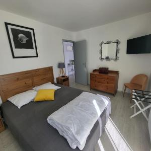 a bedroom with a large bed with a yellow pillow at L èphéjules in Marseillan
