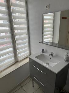 uma casa de banho com um lavatório e um espelho em appartement duplex proche de la gare et du centre ville em Saint-Omer