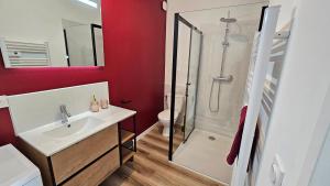 uma casa de banho com um lavatório branco e um chuveiro em Logements neufs à Bannalec Centre em Bannalec