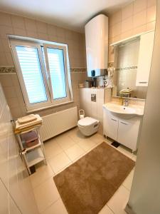a bathroom with a sink and a toilet and a window at Casa Erceg Amor vincit Omnia in Skradin
