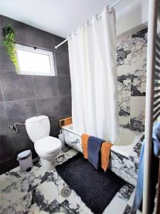 ein Bad mit einem WC und einem Duschvorhang in der Unterkunft Archontiko Kastellia in Evangelístria