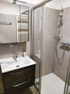 La salle de bains est pourvue d'un lavabo et d'une douche. dans l'établissement Bad Gastein Historic Center, à Bad Gastein