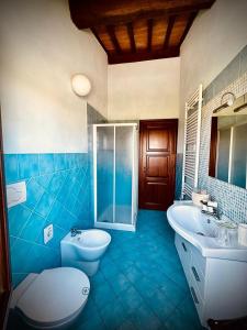 a blue bathroom with a toilet and a sink at Il Casale di David in Pontedera