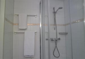 a shower in a bathroom with a glass door at Terminated in Cadzand