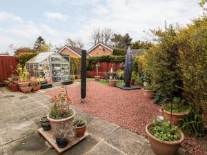 a garden with potted plants and a greenhouse at Tartaria in Morpeth