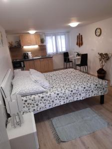 a bed in a small room with a kitchen at Studio Eržen in Zgornje Gorje