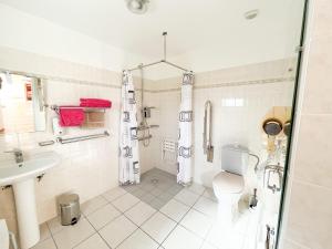 La salle de bains est pourvue d'une douche, de toilettes et d'un lavabo. dans l'établissement Hôtel L'Hermitage, à Saint-Georges-dʼOléron