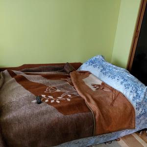ein Bett mit einer braunen Decke darüber in der Unterkunft Fely Room in Petroşani
