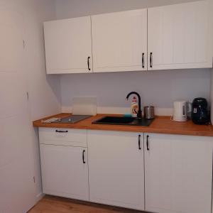 a kitchen with white cabinets and a sink at Na Fali in Jastarnia