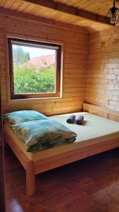 a bed in a log cabin with a window at Na Równej Bieszczady in Polańczyk
