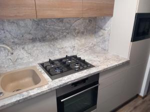 cocina con fogones horno de arriba junto a un fregadero en Štýlový apartmán v Šamoríne, en Šamorín